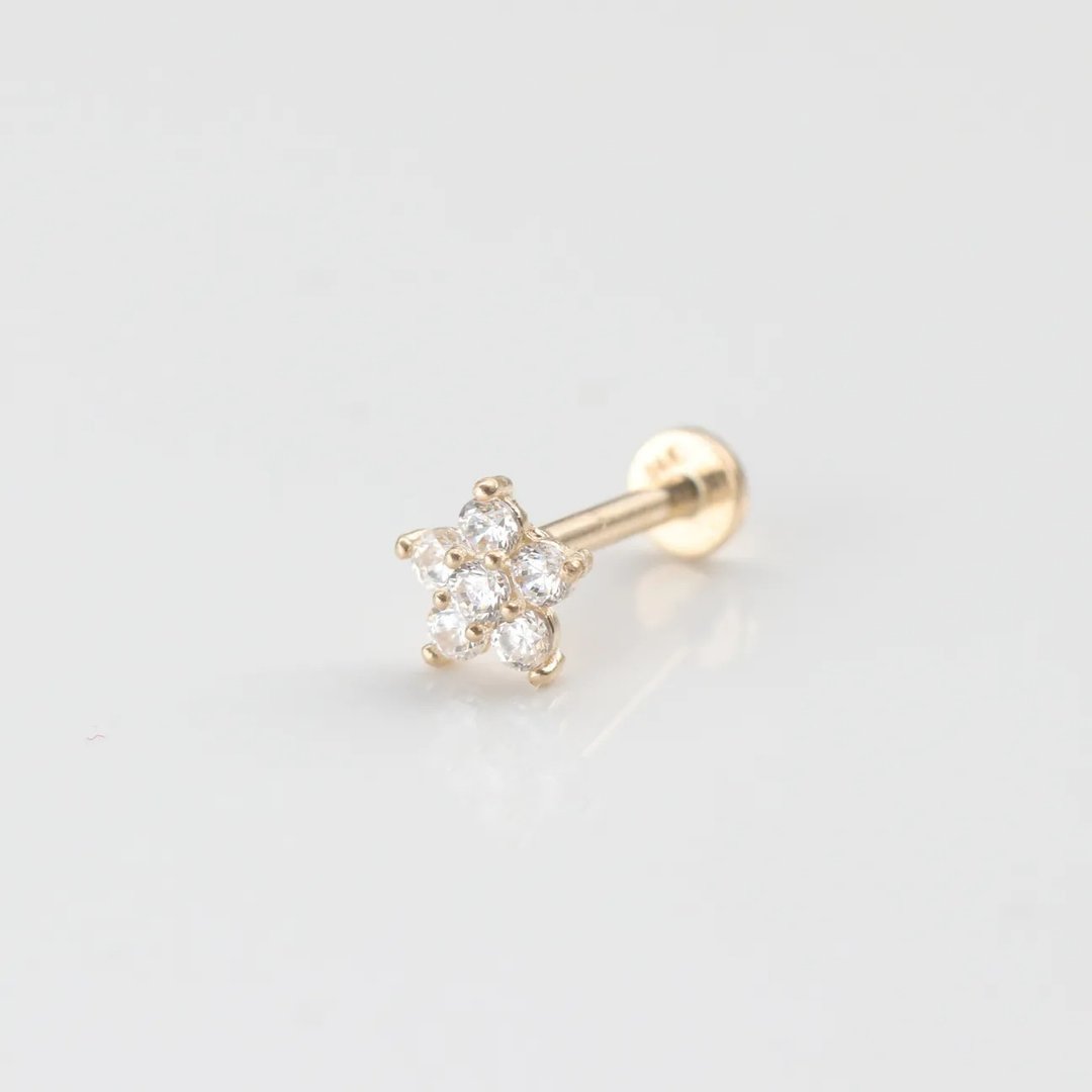 14K 五叶钻锁珠耳环 (前锁 平底 圆饼) _ JA024 (单个) - 耳环/耳夹 - 贵金属 金色