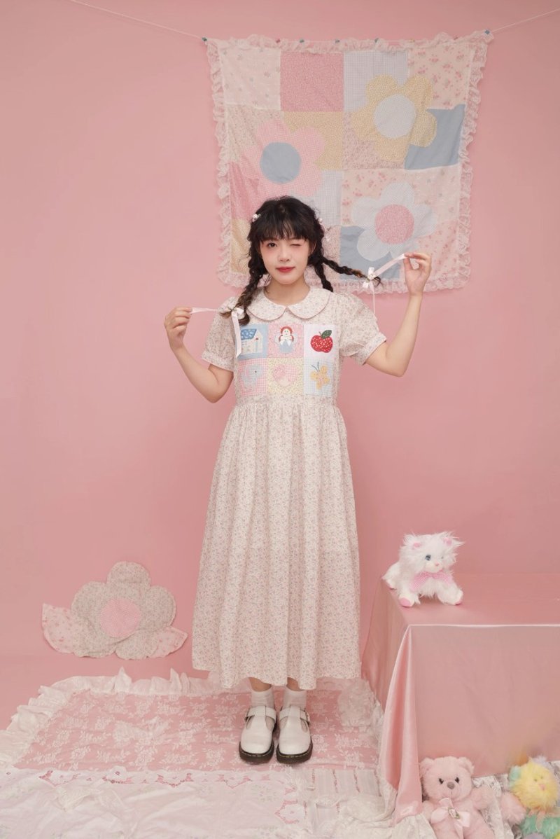 古着感童趣 娃娃领手工拼布连身裙 - 洋装/连衣裙 - 其他材质 白色