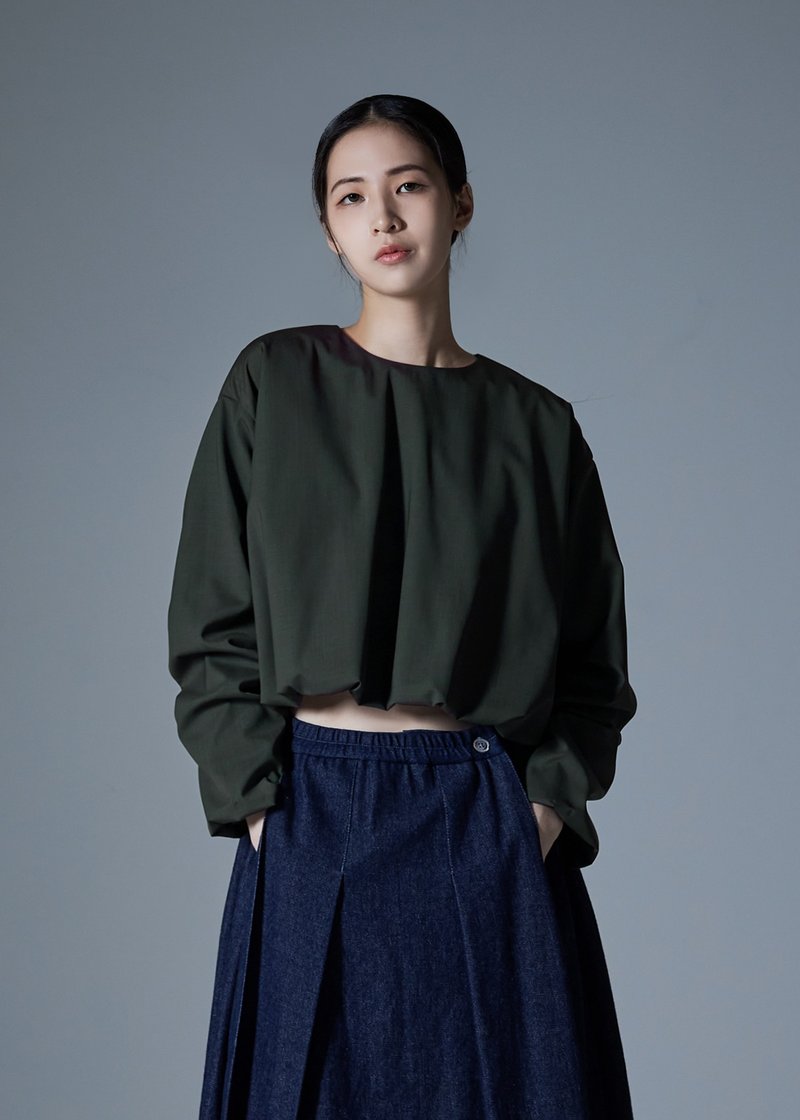 抓褶袖上衣 - 女装上衣 - 羊毛 绿色