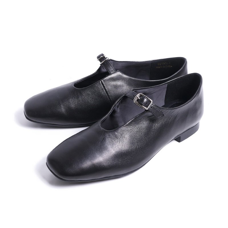 时髦复古柔软羊皮方头包鞋黑色 - 玛莉珍鞋 - 真皮 黑色