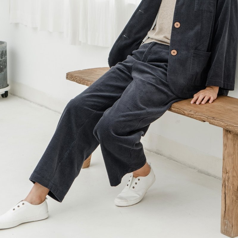 粗條紋 燈芯絨復古寬松長褲中性條絨文青褲子 寬褲 P180418 - 女装长裤 - 棉．麻 黑色