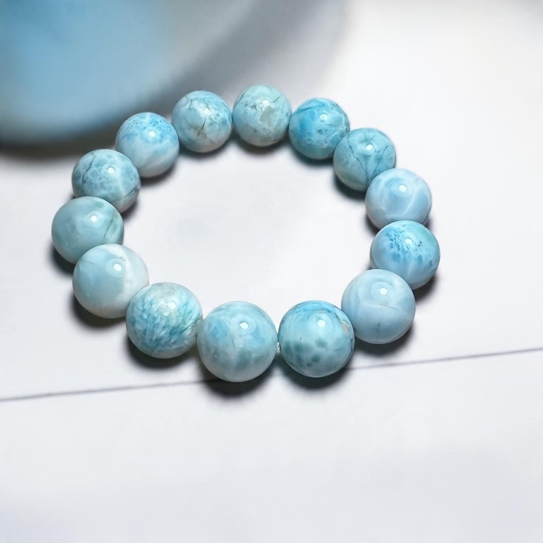 G35 海纹石手链 拉利马手串 14mm 蓝白水波纹 手围 15.5cm 内 - 手链/手环 - 玉石 蓝色