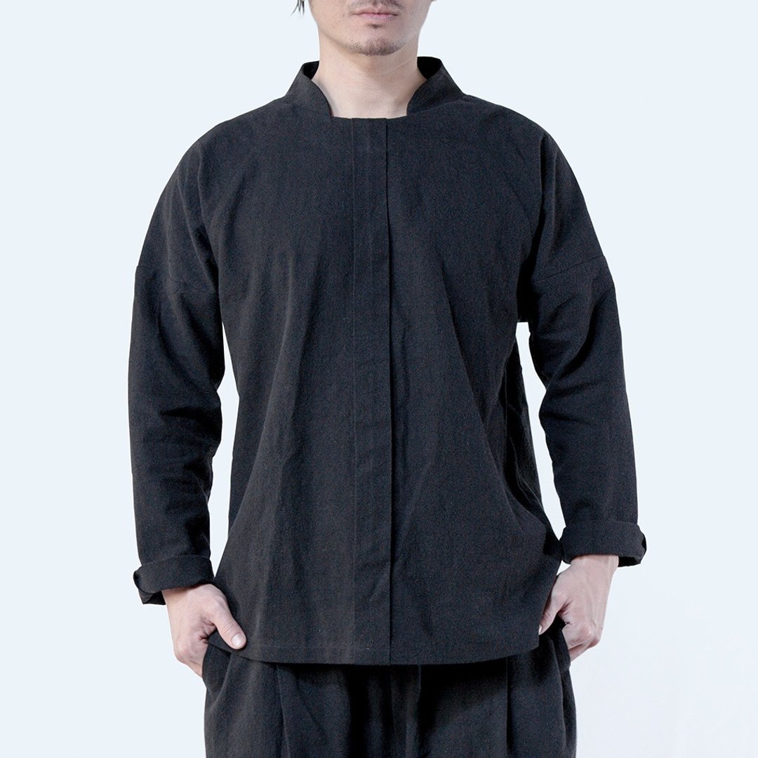 门襟衫 - 重磅压纹棉麻 长袖 男上衣 / 黑色 - 男装衬衫 - 棉．麻 黑色