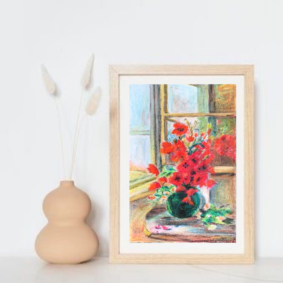 罂粟花束静物墙艺术 8x11 寸原创油画棒画 - 墙贴/壁贴 - 纸 多色