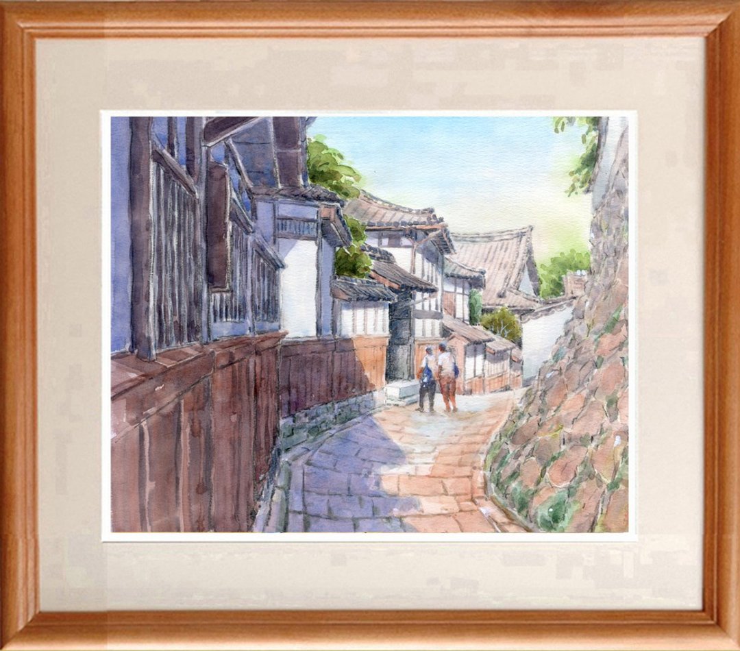 Original watercolor painting Samurai residence, Usuki city - 海报/装饰画/版画 - 纸 咖啡色