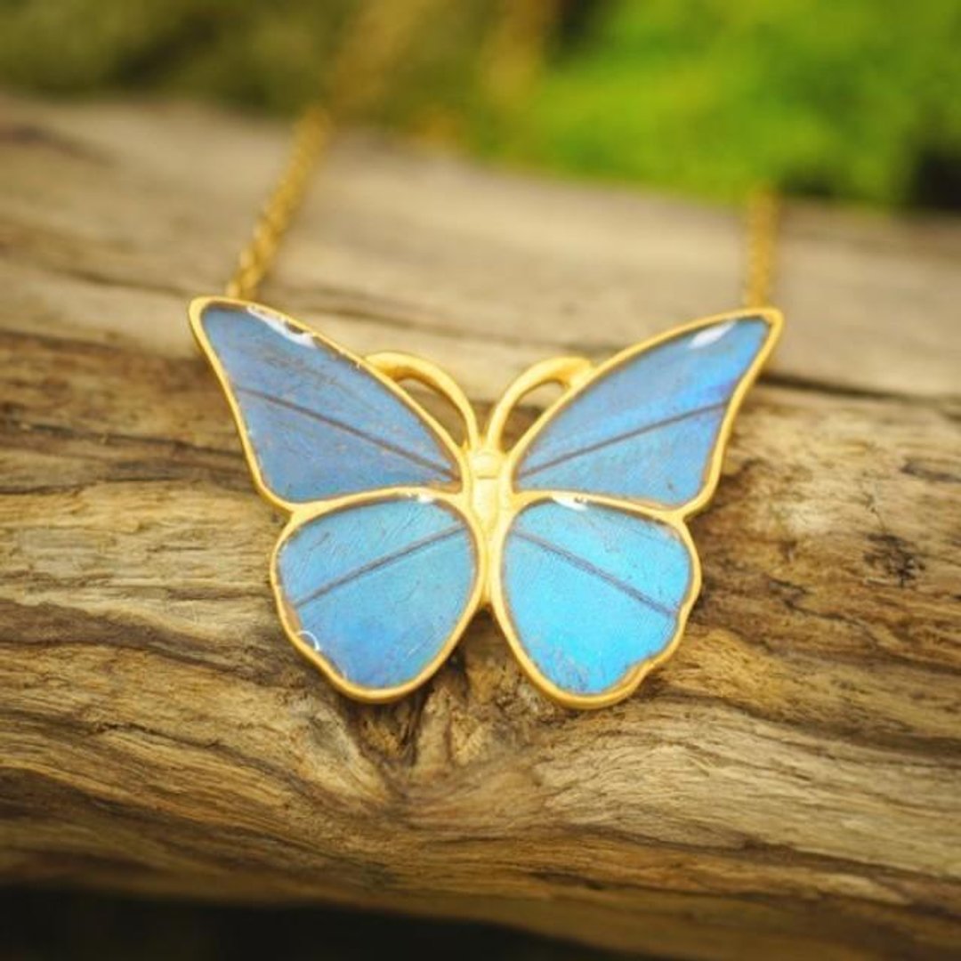 Morpho butterfly antique pendant straight - 项链 - 纯银 银色