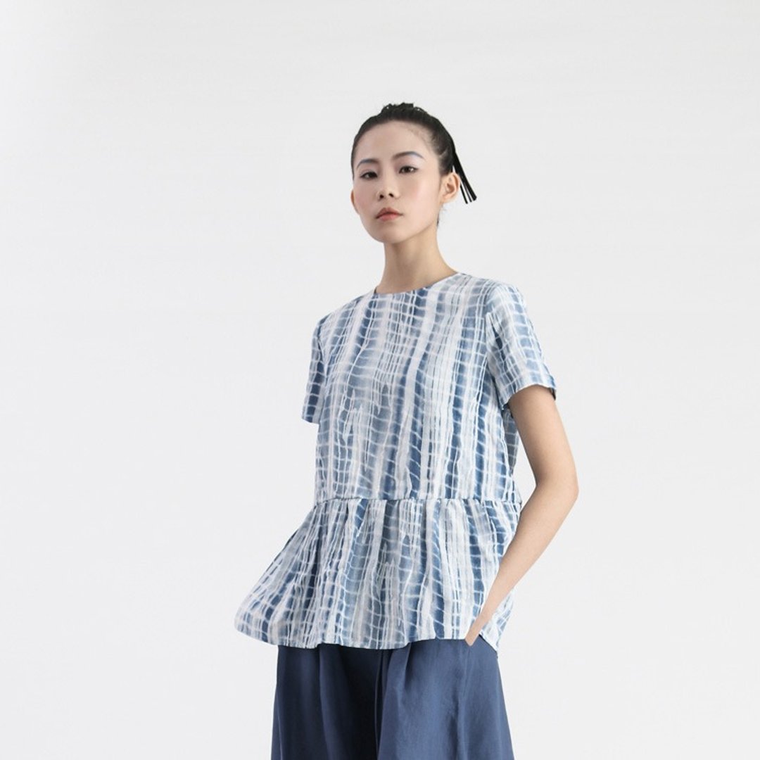 【订制】蓝条荷叶边上衣 - 女装上衣 - 棉 蓝色