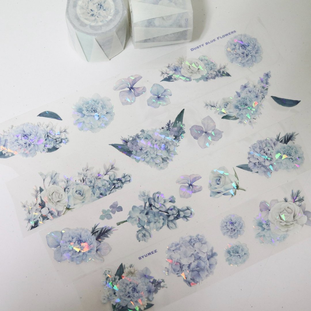 灰蓝花卉 PET 胶带 (5cm X 10m) - 纸胶带 - 聚酯纤维 透明