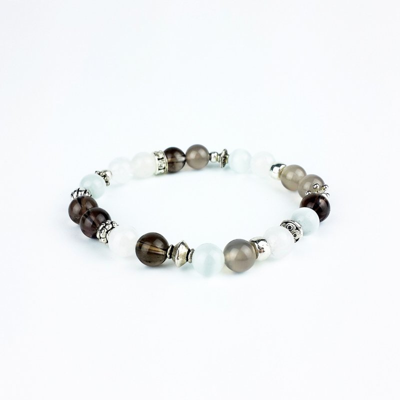 | 简约系列 | 镜面之心 茶水晶 白猫眼石 灰玛瑙 白玉髓 (藏银 x 手环 x 手链 x 手工制作 x 定制化。) - 手链/手环 - 宝石 灰色