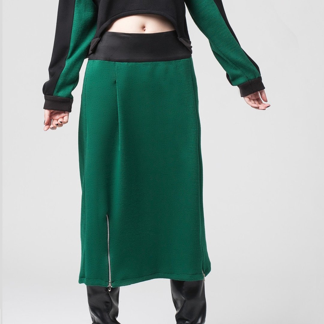 【skirt】双拉錬长棉裙_绿 - 裙子 - 棉 绿色