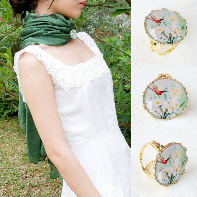 晚宴披肩 | 轻柔橄榄绿亚麻围巾配水仙花丝巾扣礼盒 - 丝巾 - 亚麻 