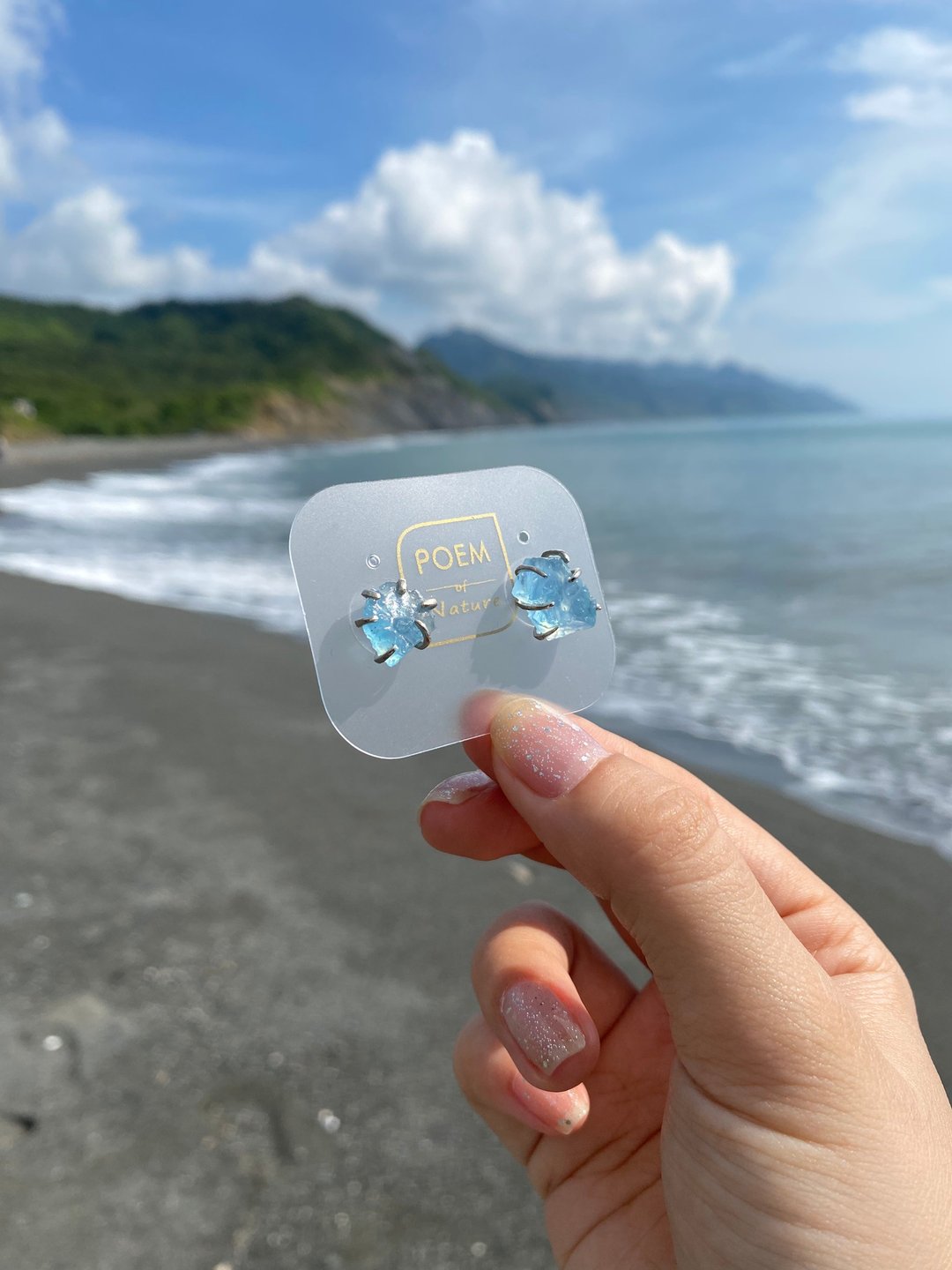 海水蓝宝随形耳钉 - 耳环/耳夹 - 宝石 蓝色