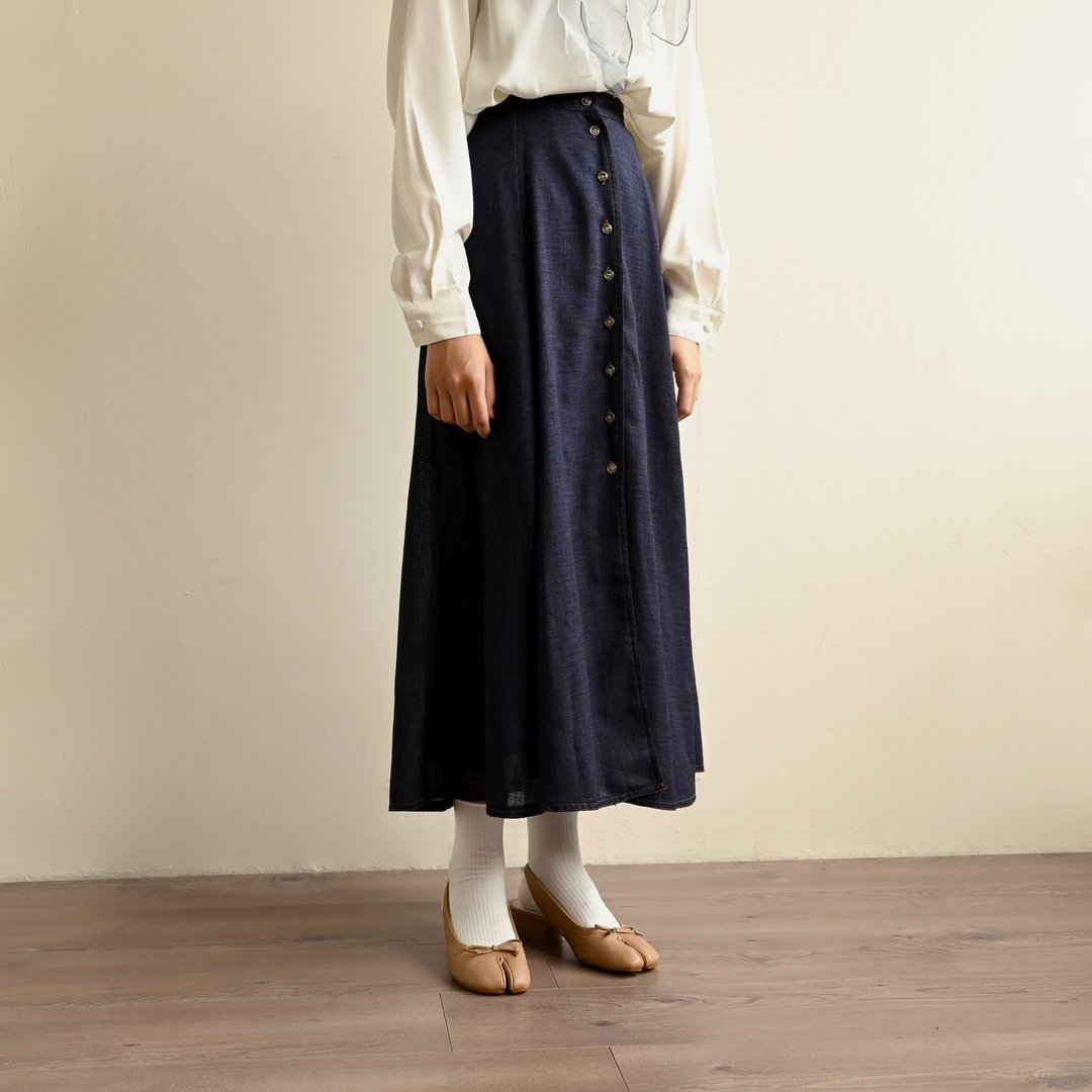 【NaSuBi Vintage】钮扣缀饰纯色高腰古着裙 - 裙子 - 其他人造纤维 