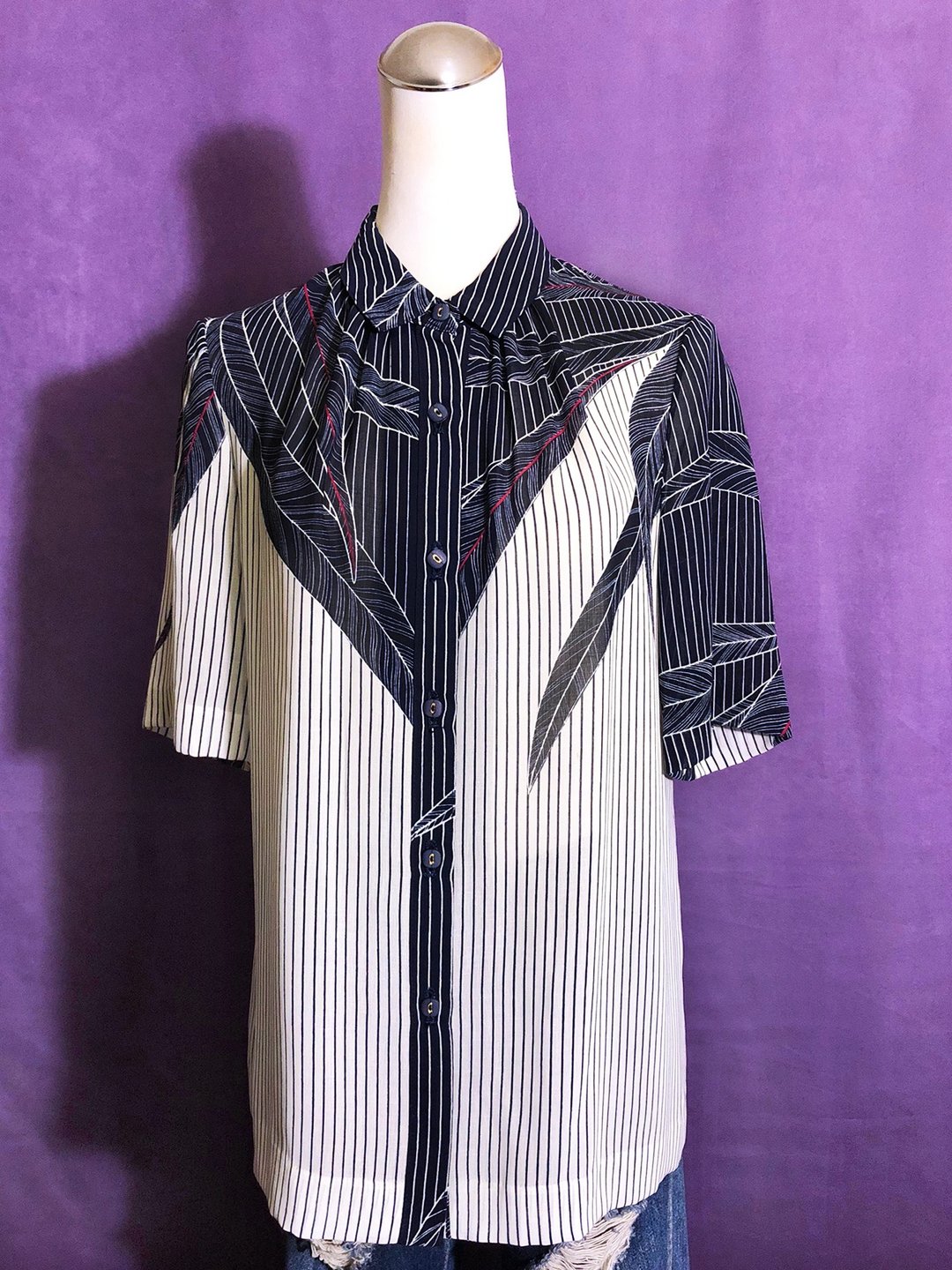 树叶条纹短袖古着衬衫/ 国外带回 VINTAGE - 女装衬衫 - 聚酯纤维 蓝色