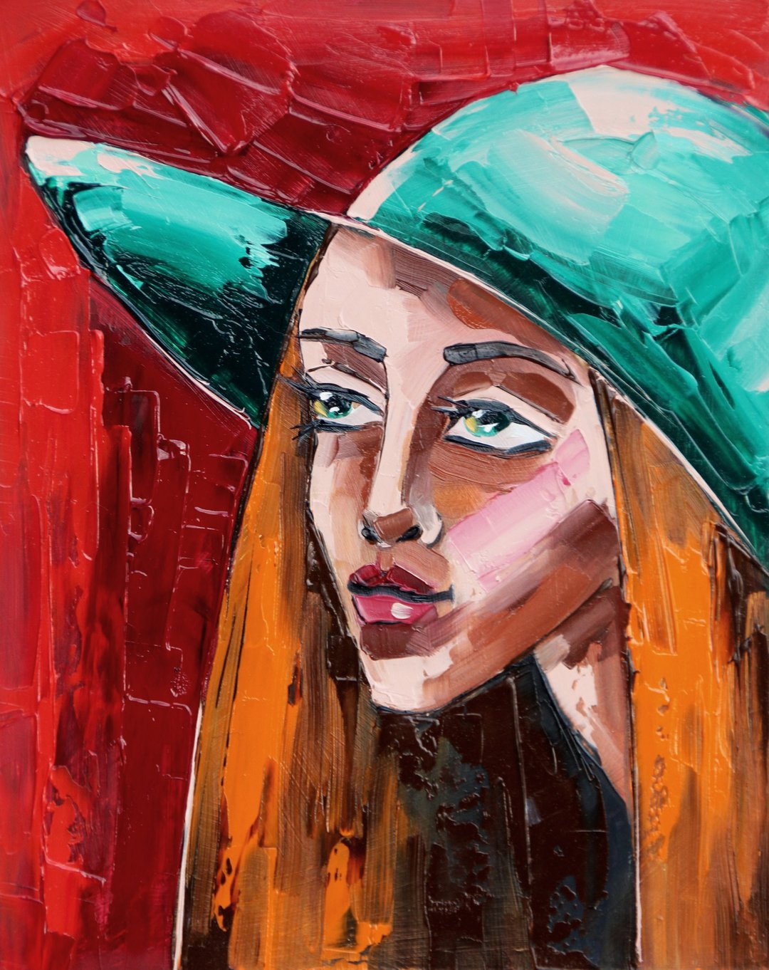 Woman Hat Painting Girl Face Original Art Impasto Artwork Smal Oil Wall Art - 海报/装饰画/版画 - 其他材质 红色