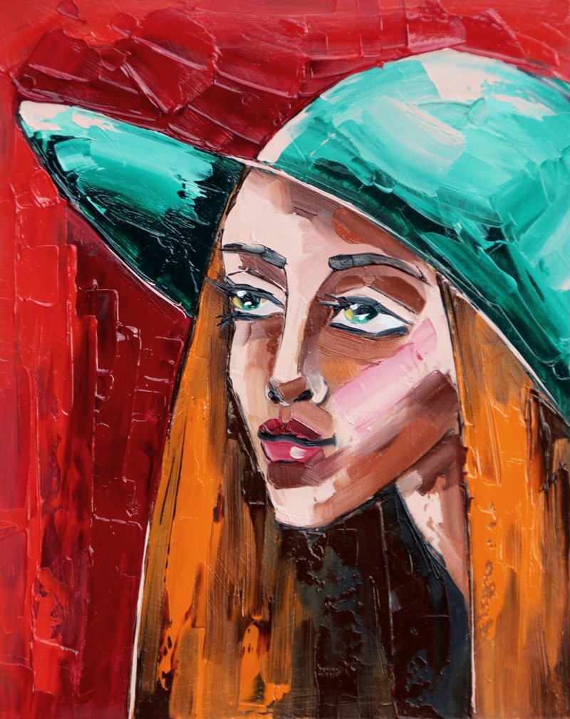 Woman Hat Painting Girl Face Original Art Impasto Artwork Smal Oil Wall Art - 海报/装饰画/版画 - 其他材质 红色