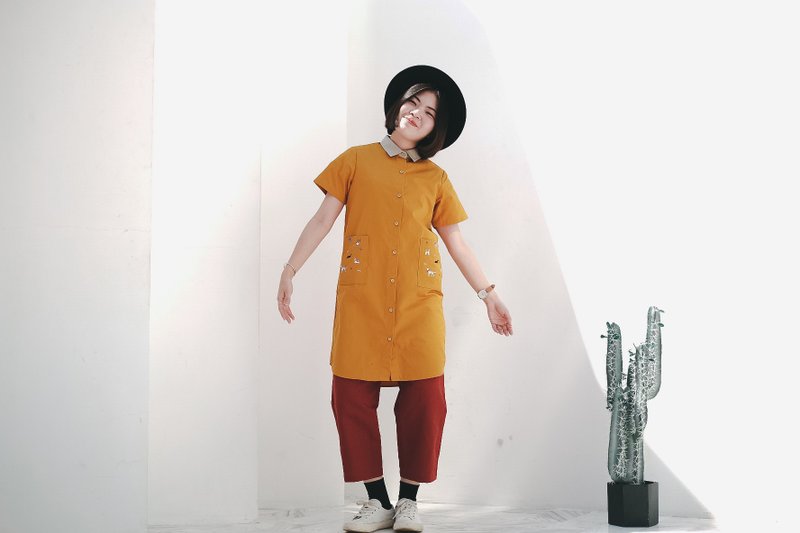 Shirt Dress (DOG) - Yellow - 洋装/连衣裙 - 绣线 黄色