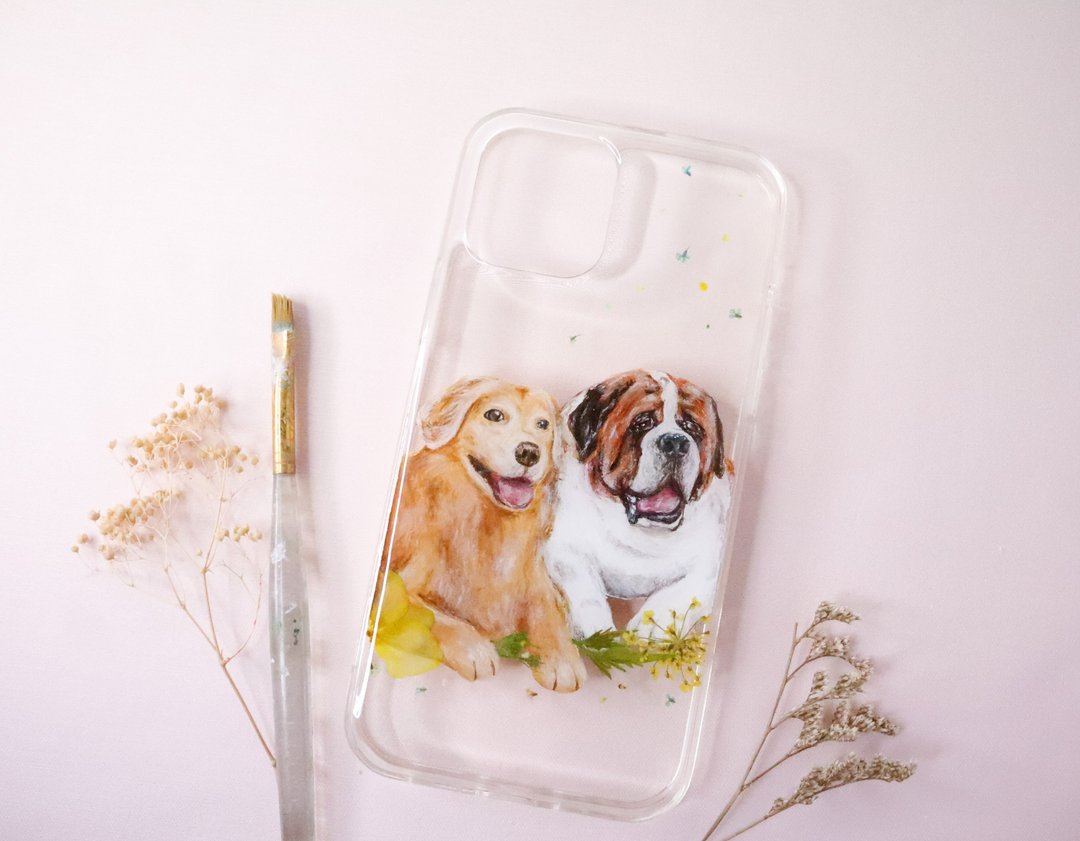 定制化手绘宠物押花手机壳 | 狗狗 金毛寻回犬 圣班纳犬 - 手机壳/手机套 - 植物．花 橘色