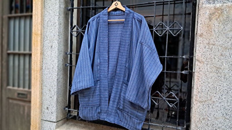 AMIN'S SHINY WORLD 水洗丹宁藤编提花 KIMONO - 男装外套 - 棉．麻 蓝色