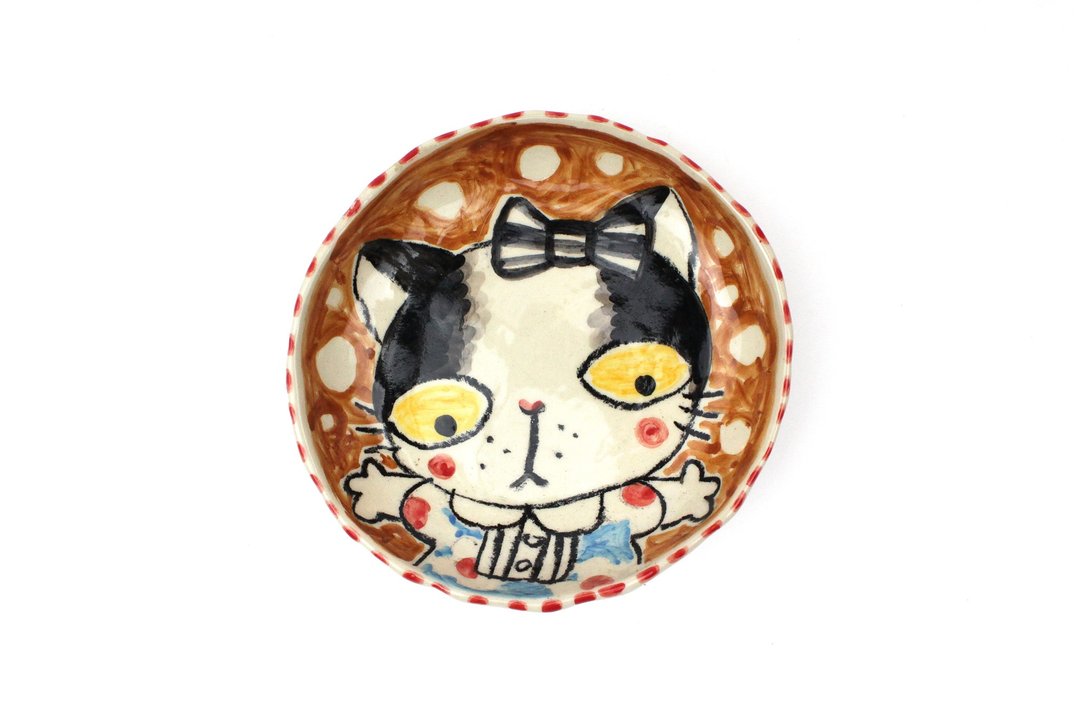 Nice Little Clay 手工浅盘 可爱猫 0304D-52 - 浅碟/小碟子 - 陶 白色