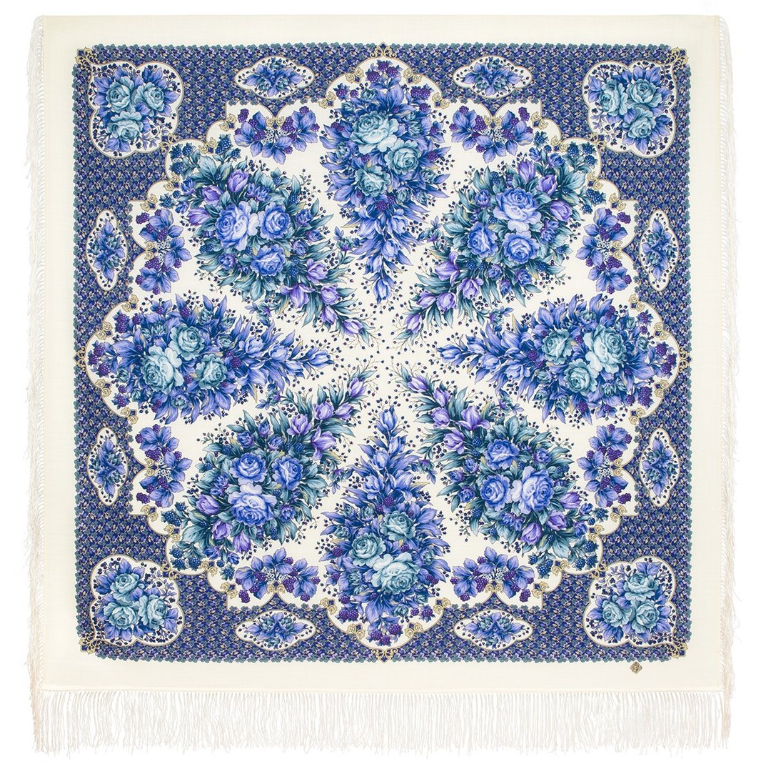 Pavlovo Posad 俄罗斯披肩 100% 羊毛围巾 125x125 厘米 丝绸流苏 2057-0 - 丝巾 - 羊毛 白色