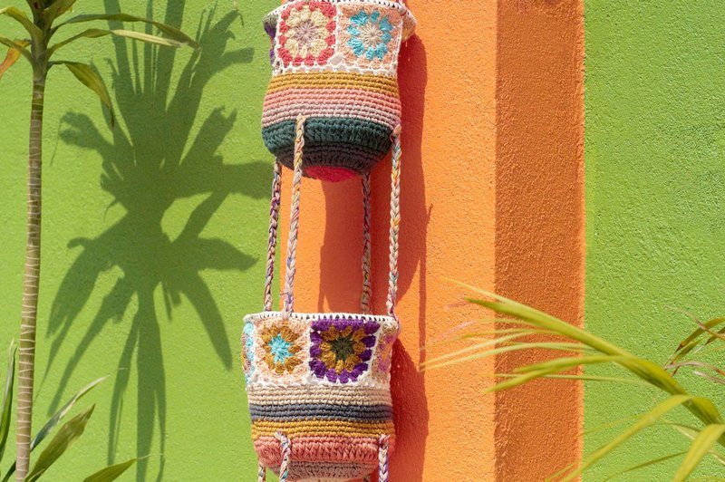 情人节礼物 限量一件 手工编织置物篮/收纳篮/吊挂袋/鸟巢编织篮/花朵编织篮- 绿光森林系 森林花朵编织 - 收纳用品 - 棉．麻 多色