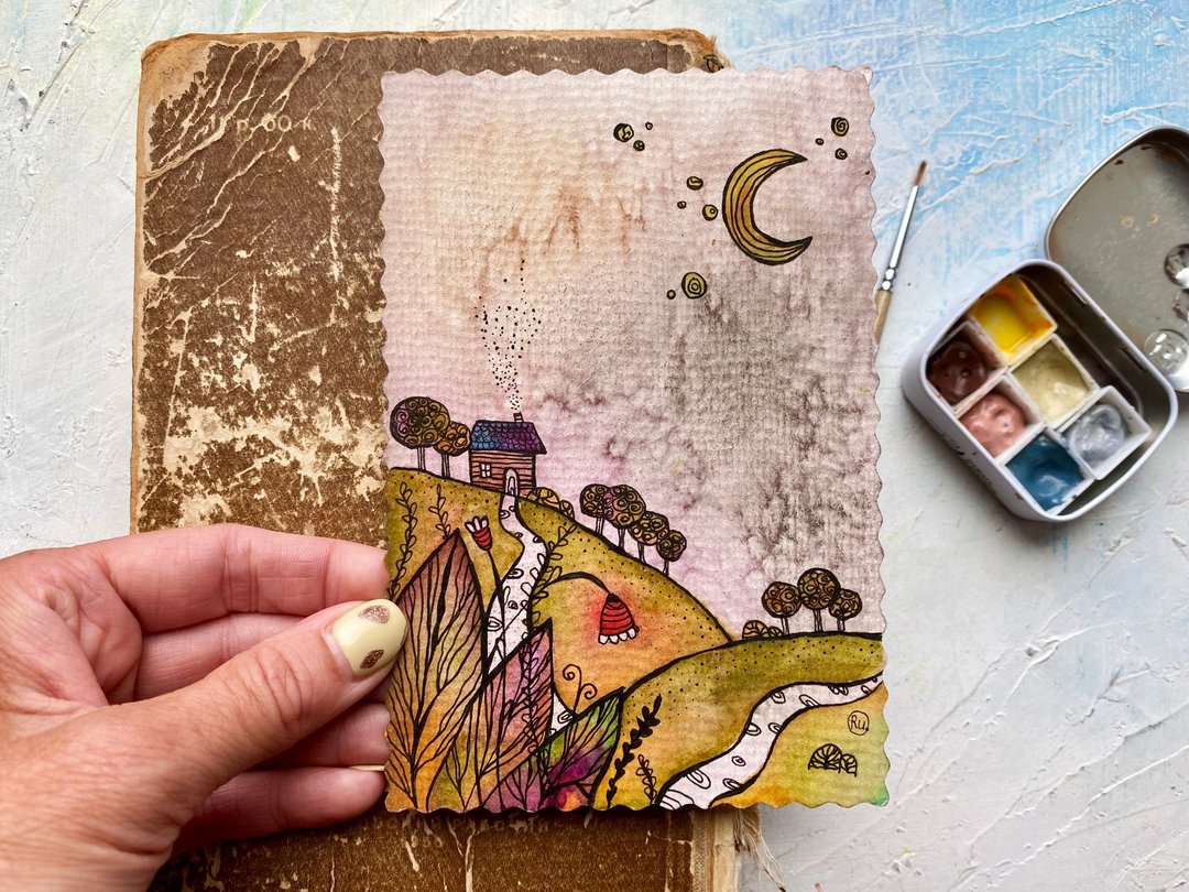 Landscape painting Small original art Miniature watercolor Dream artwork - 海报/装饰画/版画 - 纸 卡其色