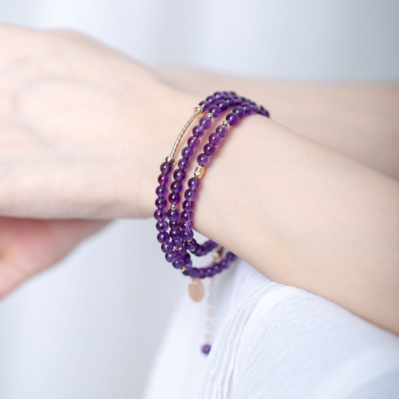天然紫水晶三圈14KGF手链 | 天然石水晶定制化礼物 - 手链/手环 - 半宝石 紫色