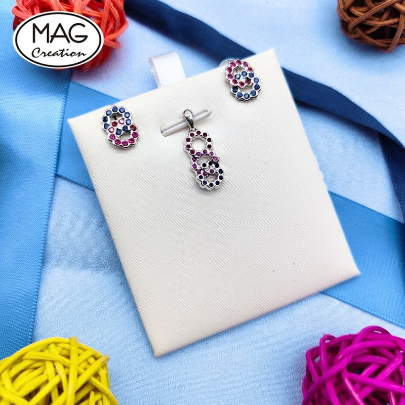 20周年组合-18K 白金天然蓝宝石天然钻石耳环配吊坠 - 耳环/耳夹 - 贵金属 