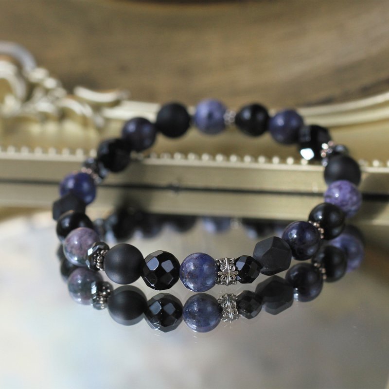 黑曜石 黑玛瑙 黑碧玺。月夜。8mm男女款纯银 水晶手链 避邪健康 - 手链/手环 - 水晶 紫色