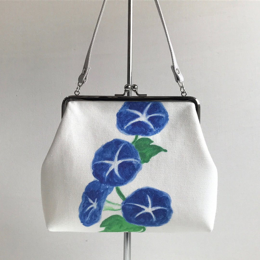 Japon Flower Gusseted Pouch Bag Morning Glory - 手提包/手提袋 - 棉 蓝色