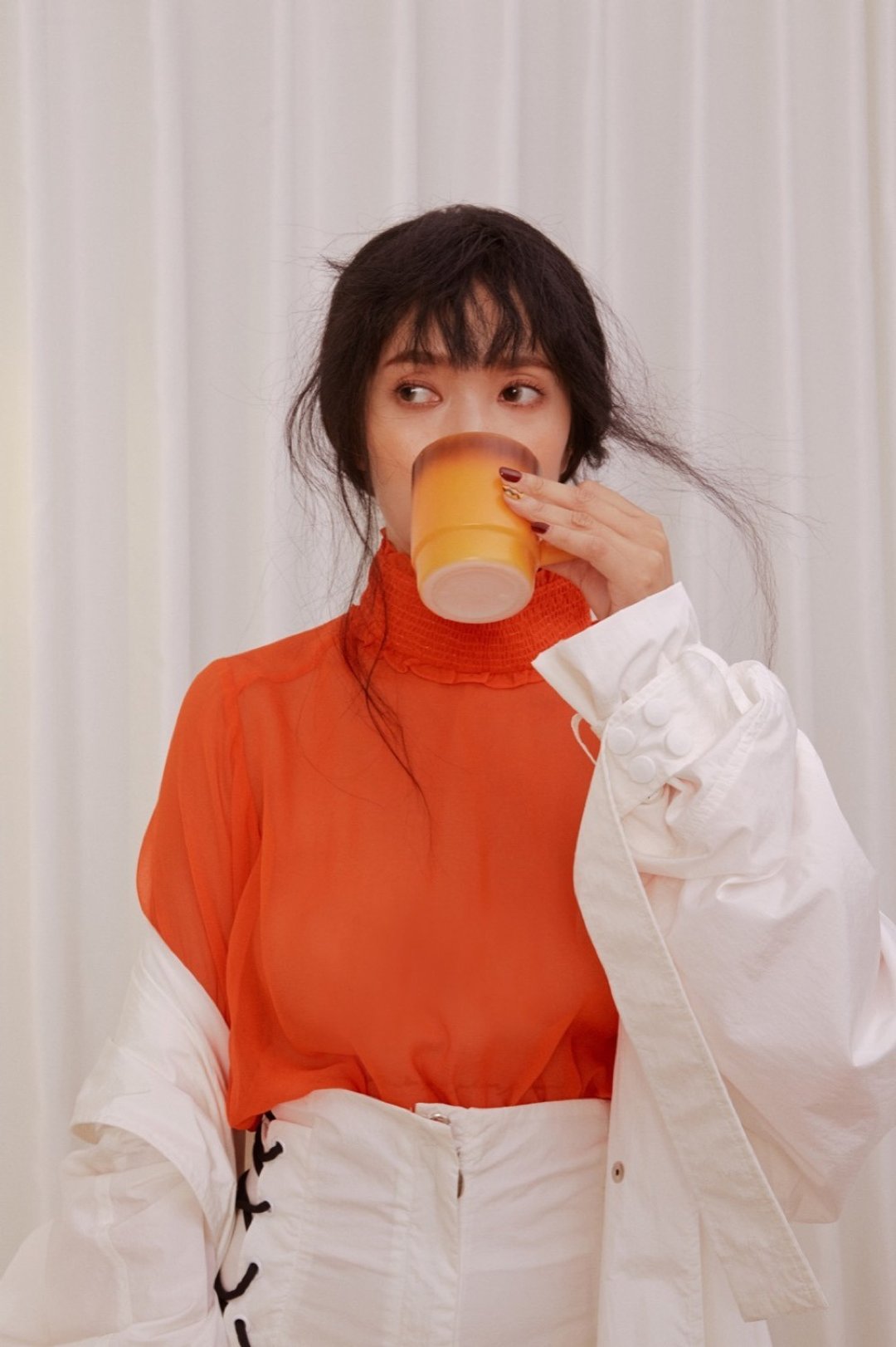 泡泡袖束腰透肤上衣 - 女装上衣 - 丝．绢 橘色