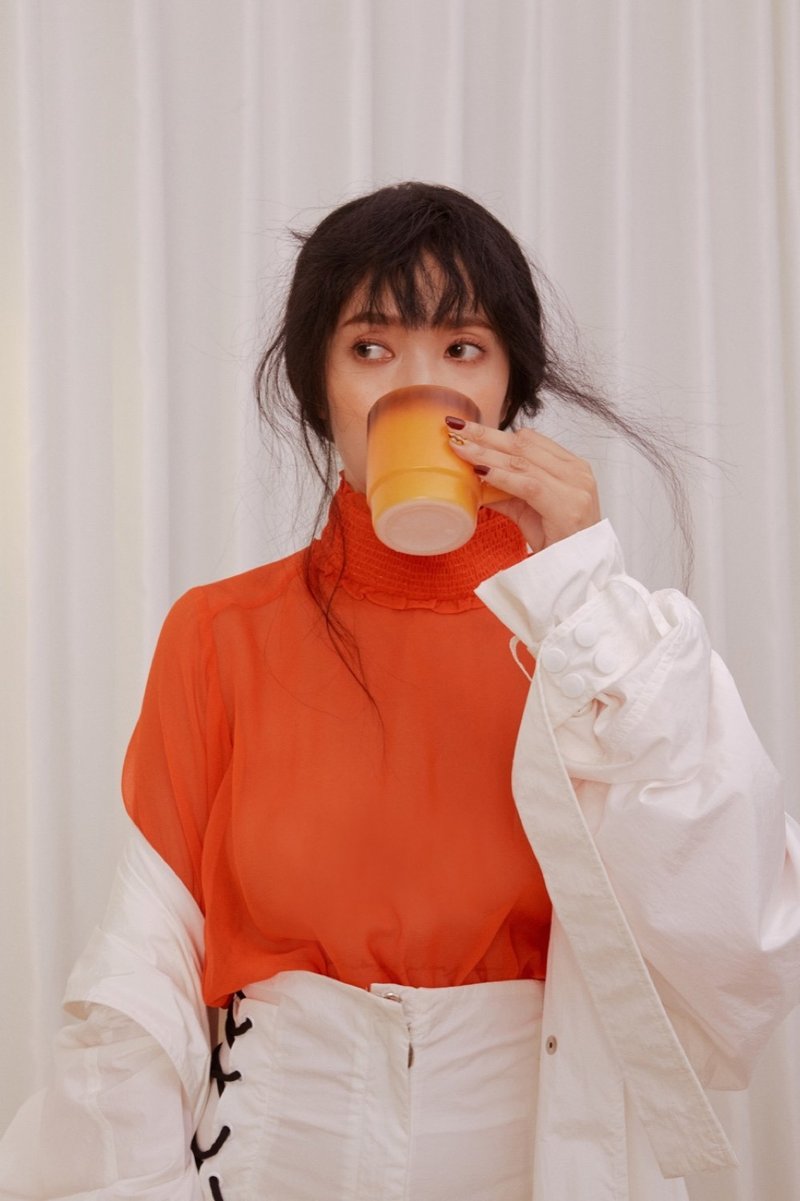泡泡袖束腰透肤上衣 - 女装上衣 - 丝．绢 橘色