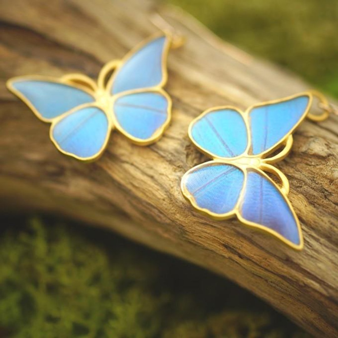 Morpho butterfly antique earrings - 耳环/耳夹 - 其他金属 蓝色