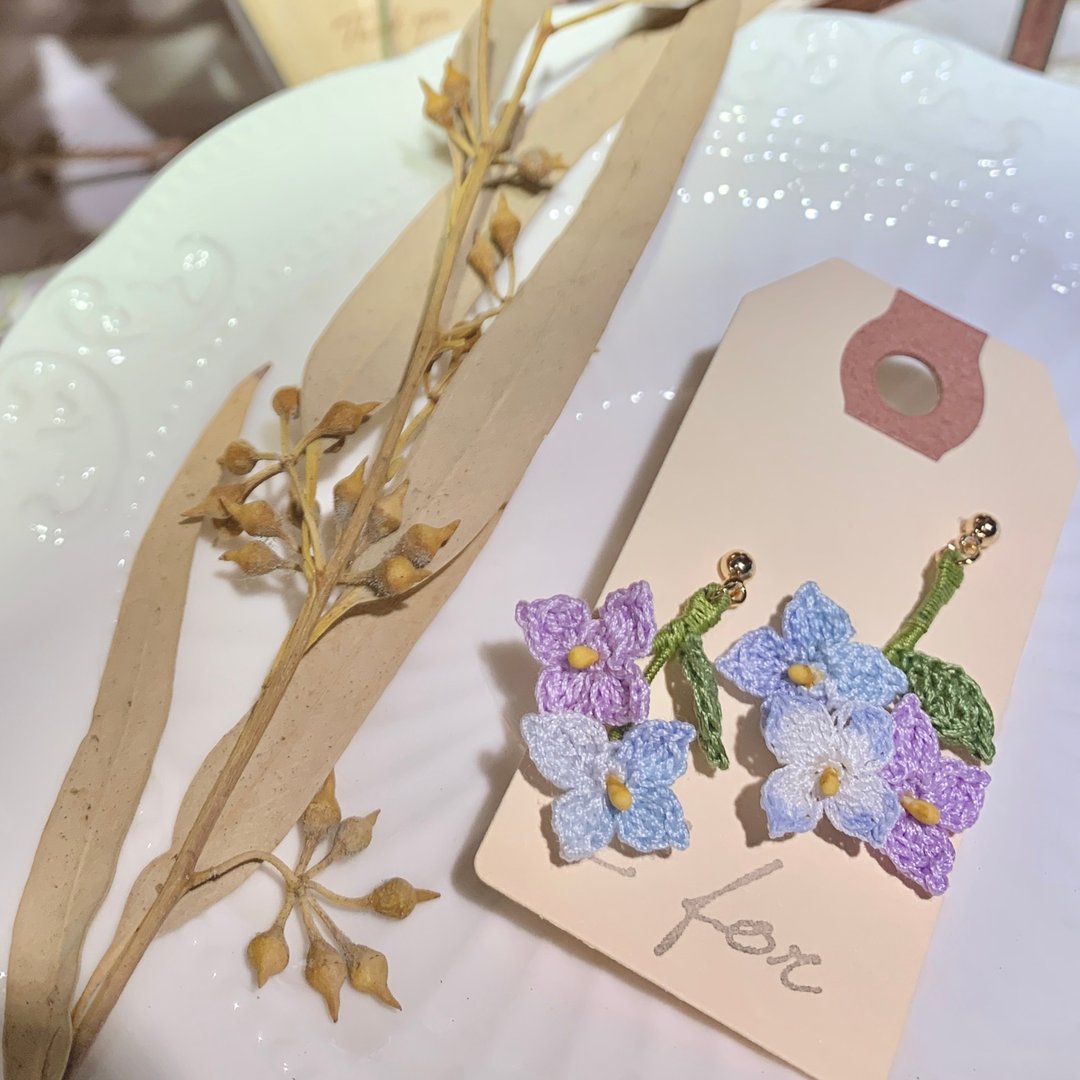 Hydrangea 绣球花 紫阳花 钩织 编织 耳环 耳针 耳夹 Silver925 - 耳环/耳夹 - 棉 多色