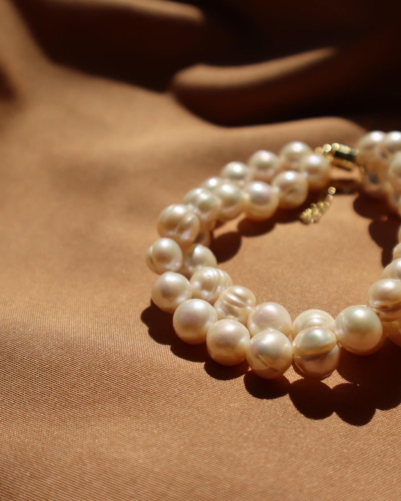 9mm巴洛克珍珠手链 双行 带螺纹 手串 18K镀金 磁石扣 - 手链/手环 - 珍珠 金色