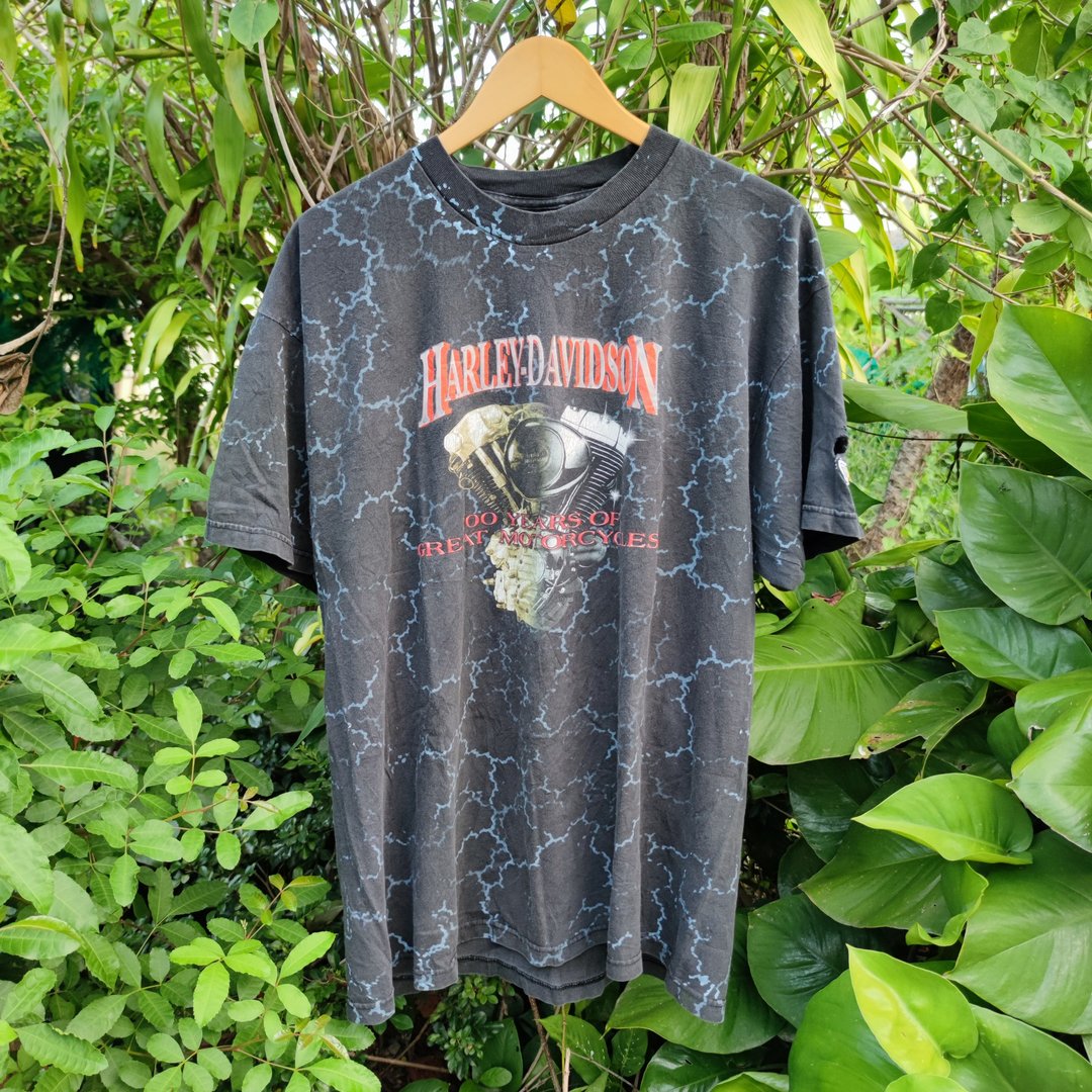 复古 T 恤 Harley Davidson Lightning AOP 100 周年纪念 T 恤 - 男装上衣/T 恤 - 棉 黑色