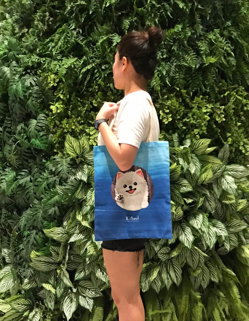 自家设计 博美 松鼠 白松鼠 Pomeranian 帆布袋 D39 - 手提包/手提袋 - 其他材质 蓝色