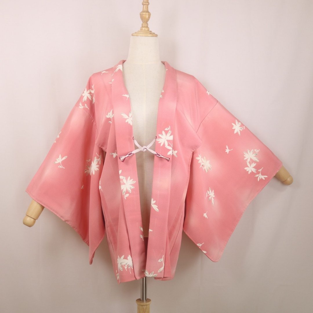 日本 vintage 羽织 | 粉色×白色枫叶・草花图案 | 和服外套 - 女装休闲/机能外套 - 其他材质 粉红色