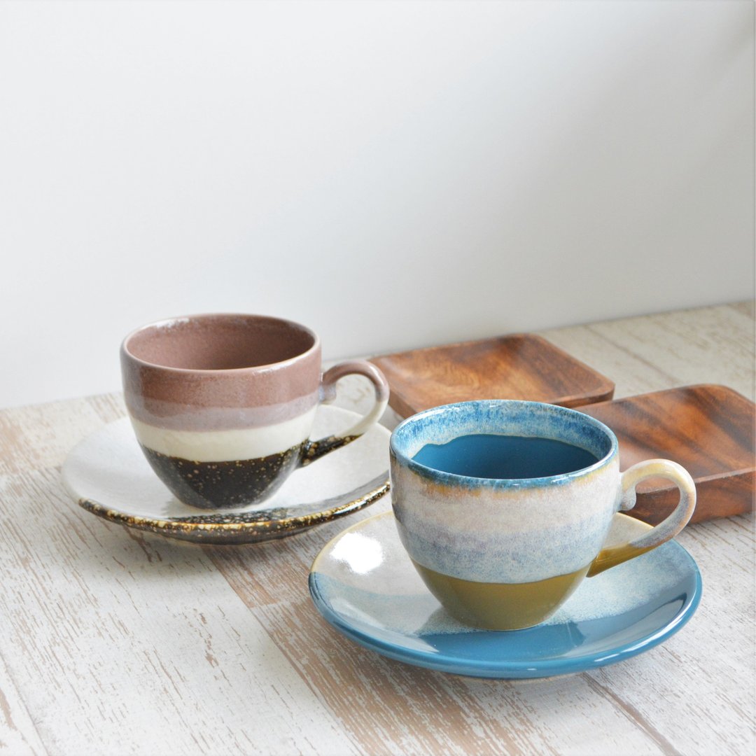 Cafe set with layered Mino ware glaze - 咖啡杯/马克杯 - 陶 多色