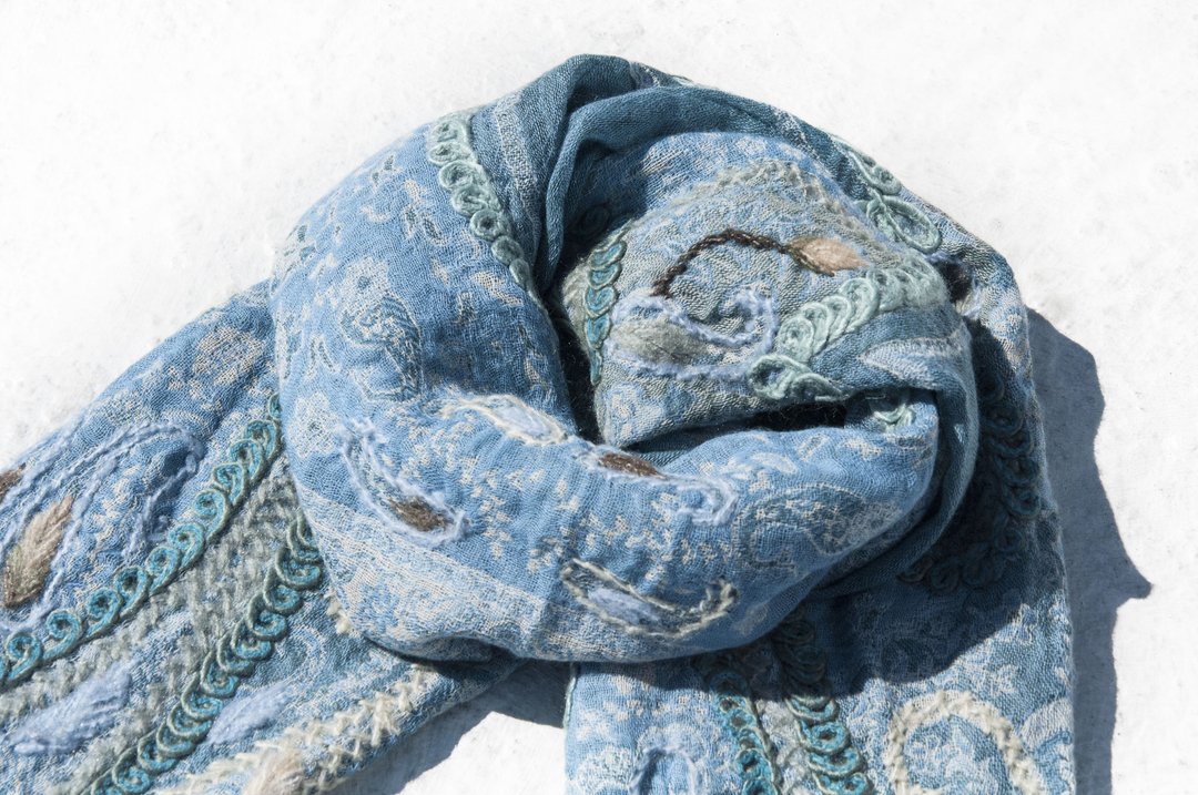 水煮羊毛披肩/针织围巾/刺绣围巾/羊绒披巾/喀什米尔Cashmere-蓝 - 围巾/披肩 - 羊毛 蓝色