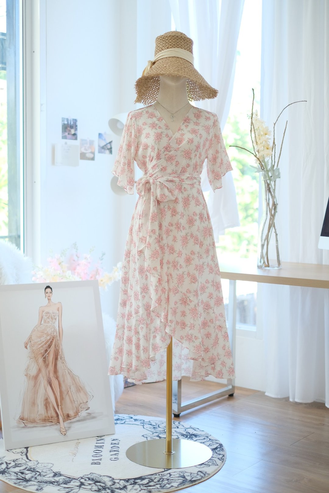 碎花连身裙，伴娘服，海边度假服饰 - 洋装/连衣裙 - 聚酯纤维 粉红色