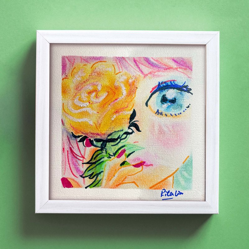 手绘粉彩画艺术 | 18cm 附框 | Yellow Rose - 海报/装饰画/版画 - 纸 红色