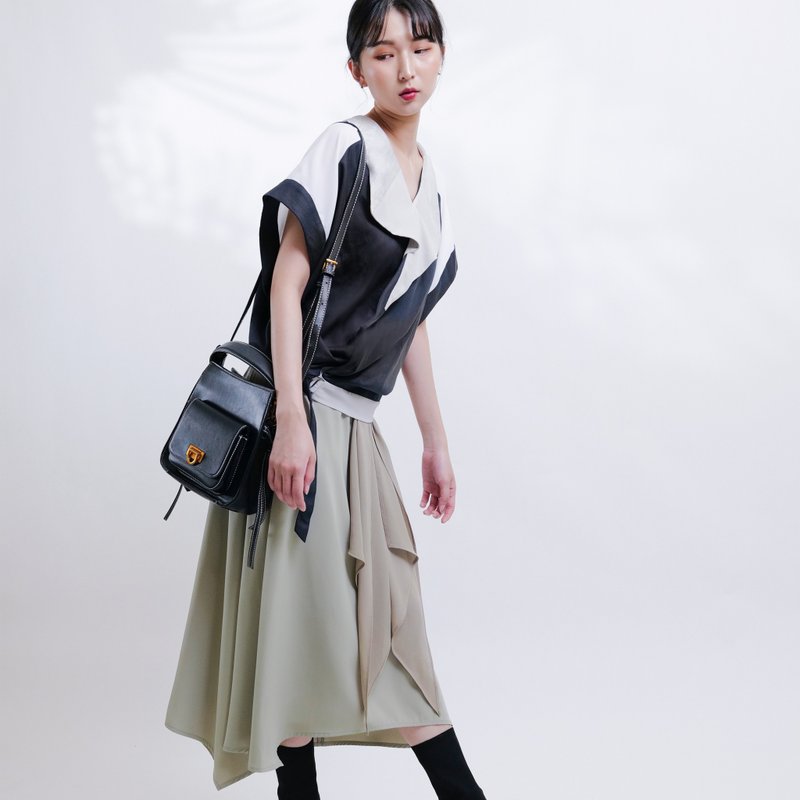 个性丝光领拼接上衣-墨黑棉 - 女装上衣 - 棉．麻 黑色