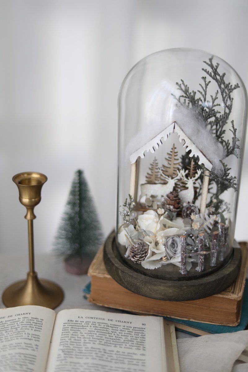 现货 银白雪地小屋 / 圣诞 交换礼物 永生花不凋花 干燥花 玻璃罩 - 干燥花/捧花 - 植物．花 