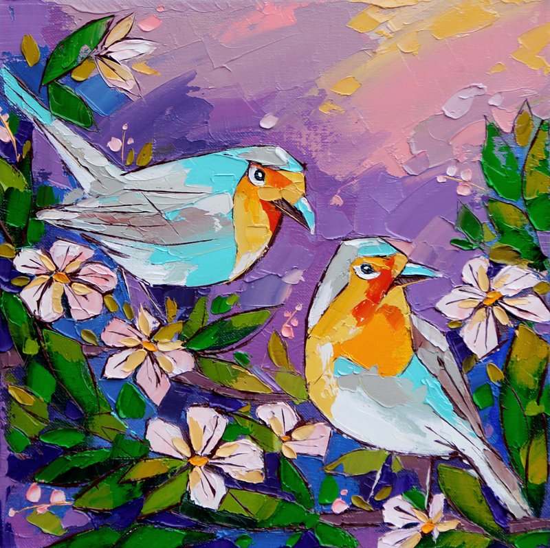 鸟画 花卉 原创艺术 印象派艺术作品 调色板刀艺术 30 by 30 cm - 海报/装饰画/版画 - 其他材质 紫色