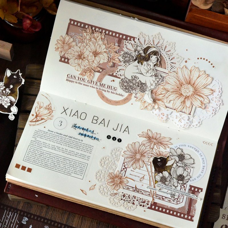 恋棕 复古线稿 蔷薇花卉 和纸胶带 長循環 - 纸胶带 - 纸 卡其色