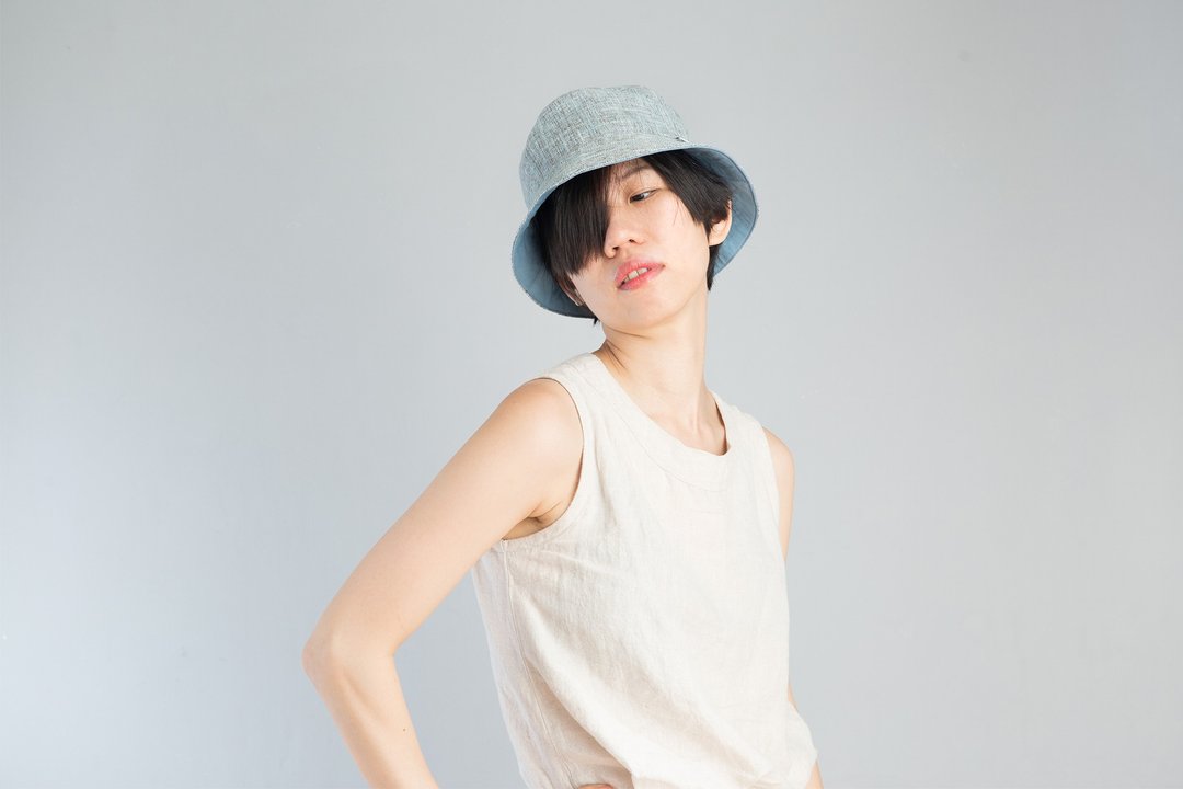 清晨湖畔蓝仿麻双面戴渔夫帽  | 浅灰蓝  湖水蓝  两色内里 - 帽子 - 棉 蓝色