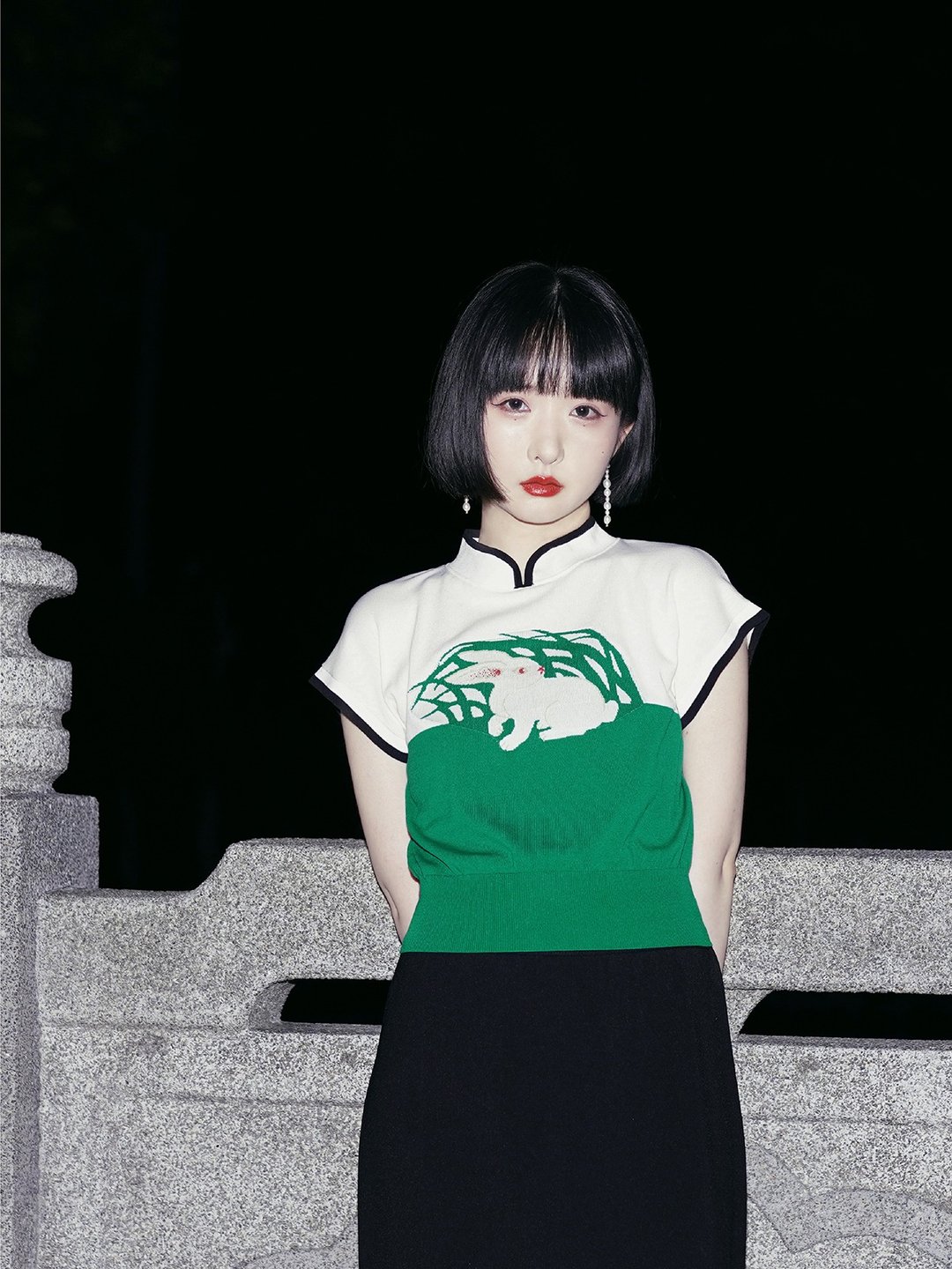 原创设计新中式兔子针织短袖复古提花上衣 - 女装针织衫/毛衣 - 其他材质 蓝色