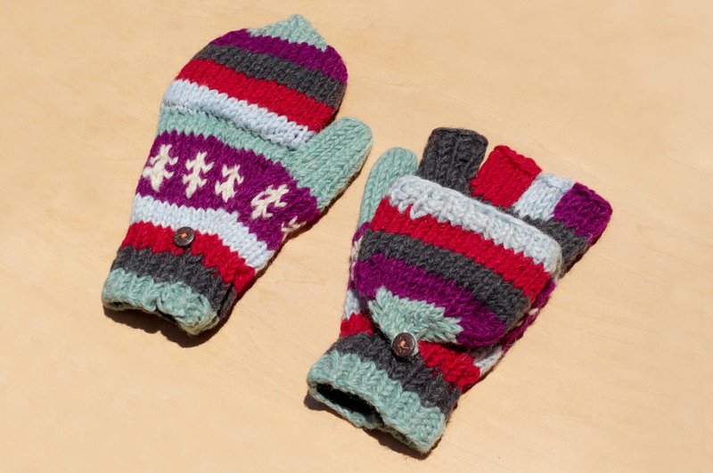 情人节礼物 创意礼物 限量一件手织纯羊毛针织手套 / 可拆卸手套 / 内刷毛手套 / 保暖手套(made in nepal) - 香槟葡萄 + 薄荷绿 民族图腾 - 手套 - 羊毛 多色